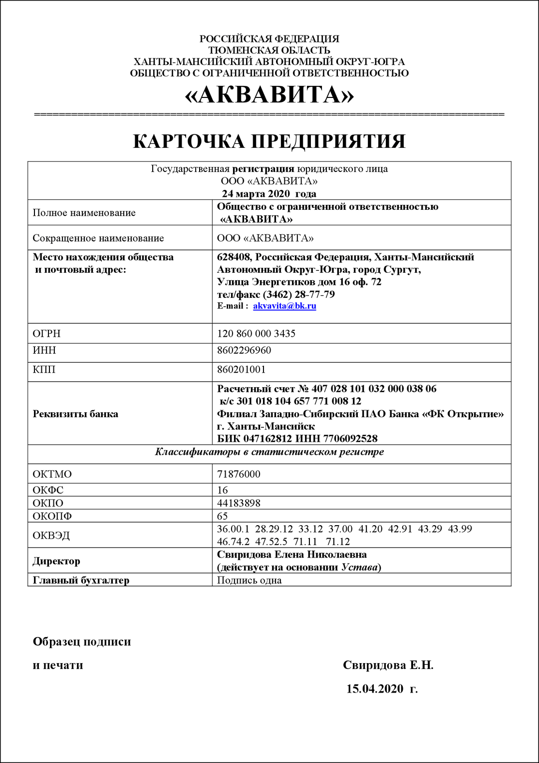 Карточка предприятия